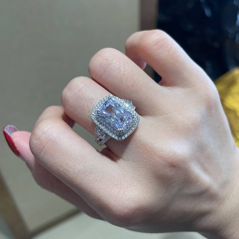 豪华长方钻Women's RingS925银镀白金定制选款主石Moissanite5.0ct/副石高碳钻